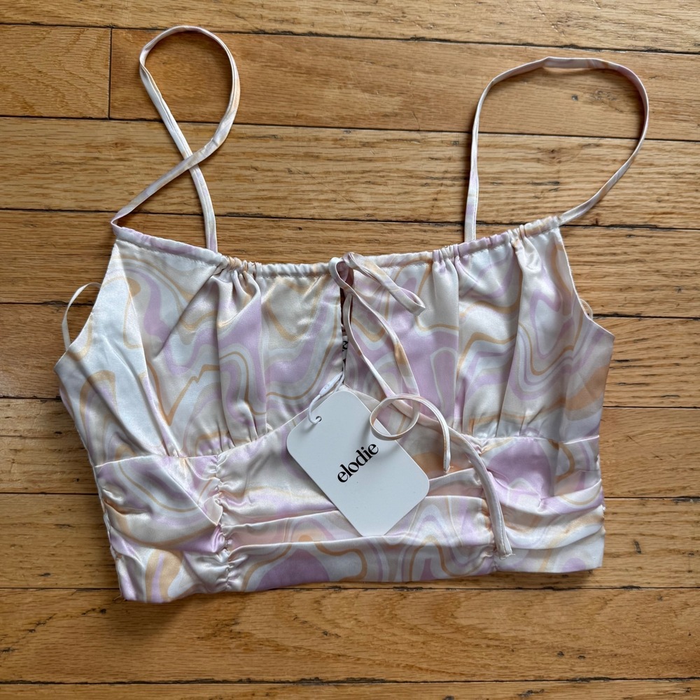 Elodie Women Small Pastel Marble Satin‎ Crop Top Ruched Tie Front Smocked NWT